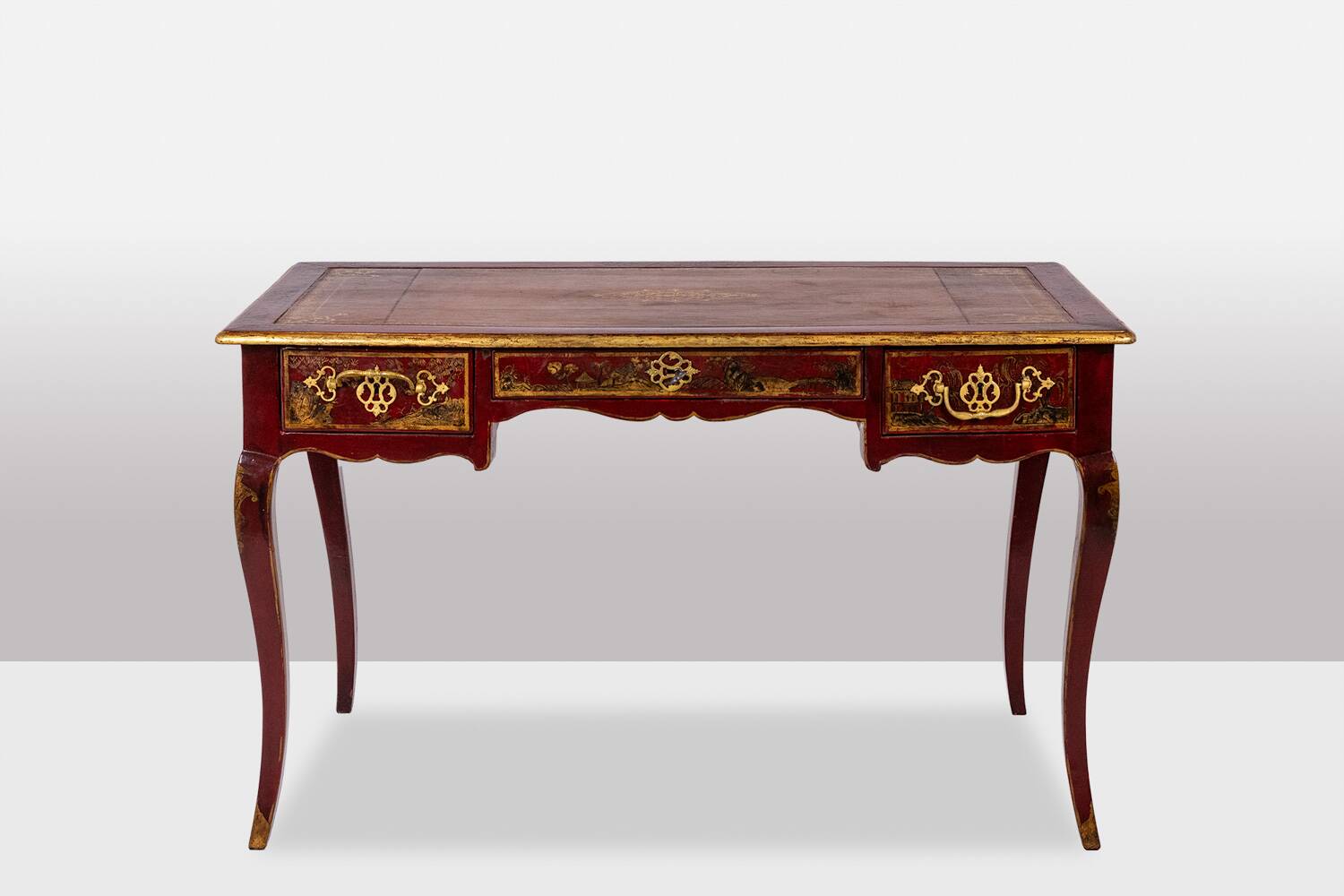 Louis XV style bureau plat with lake scene decoration. Circa 1800.
