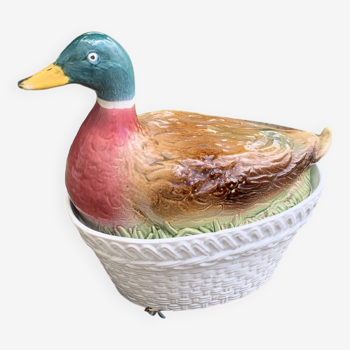 Charming Duck, slip, enameled ceramic terrine, white basket-shaped base and lid