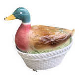 Charming Duck, slip, enameled ceramic terrine, white basket-shaped base and lid