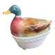 Charming Duck, slip, enameled ceramic terrine, white basket-shaped base and lid