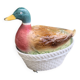 Charming Duck, slip, enameled ceramic terrine, white basket-shaped base and lid