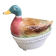 Charming Duck, slip, enameled ceramic terrine, white basket-shaped base and lid