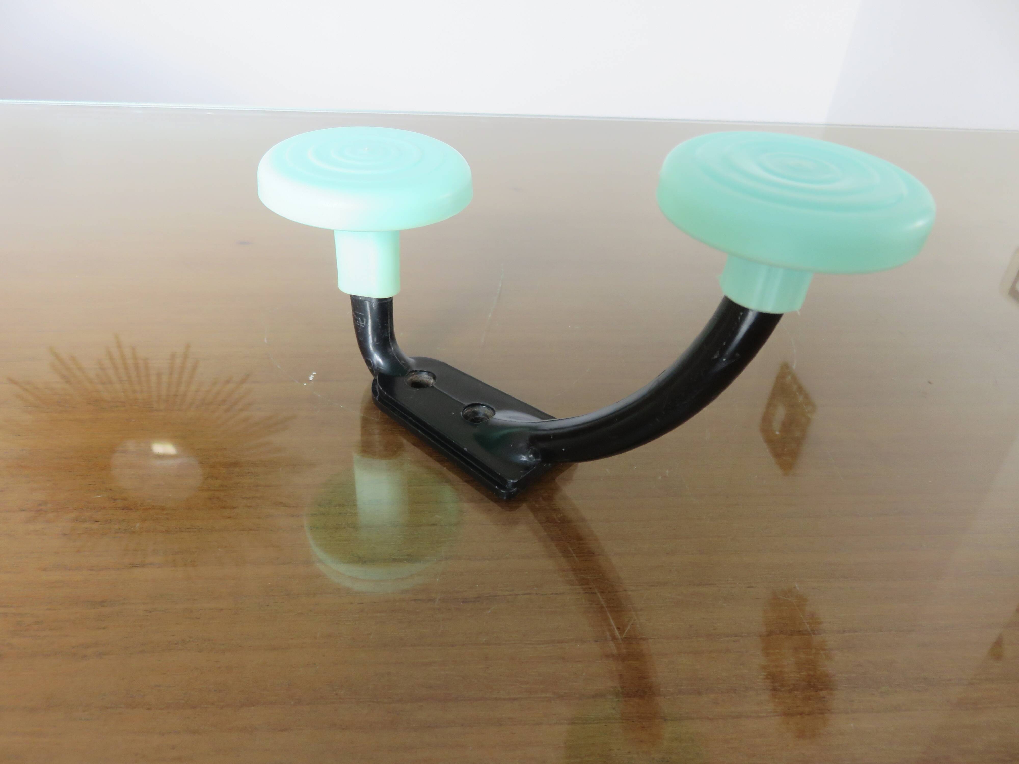 Wall coat rack, typical 1970 coat hook, practical green and black