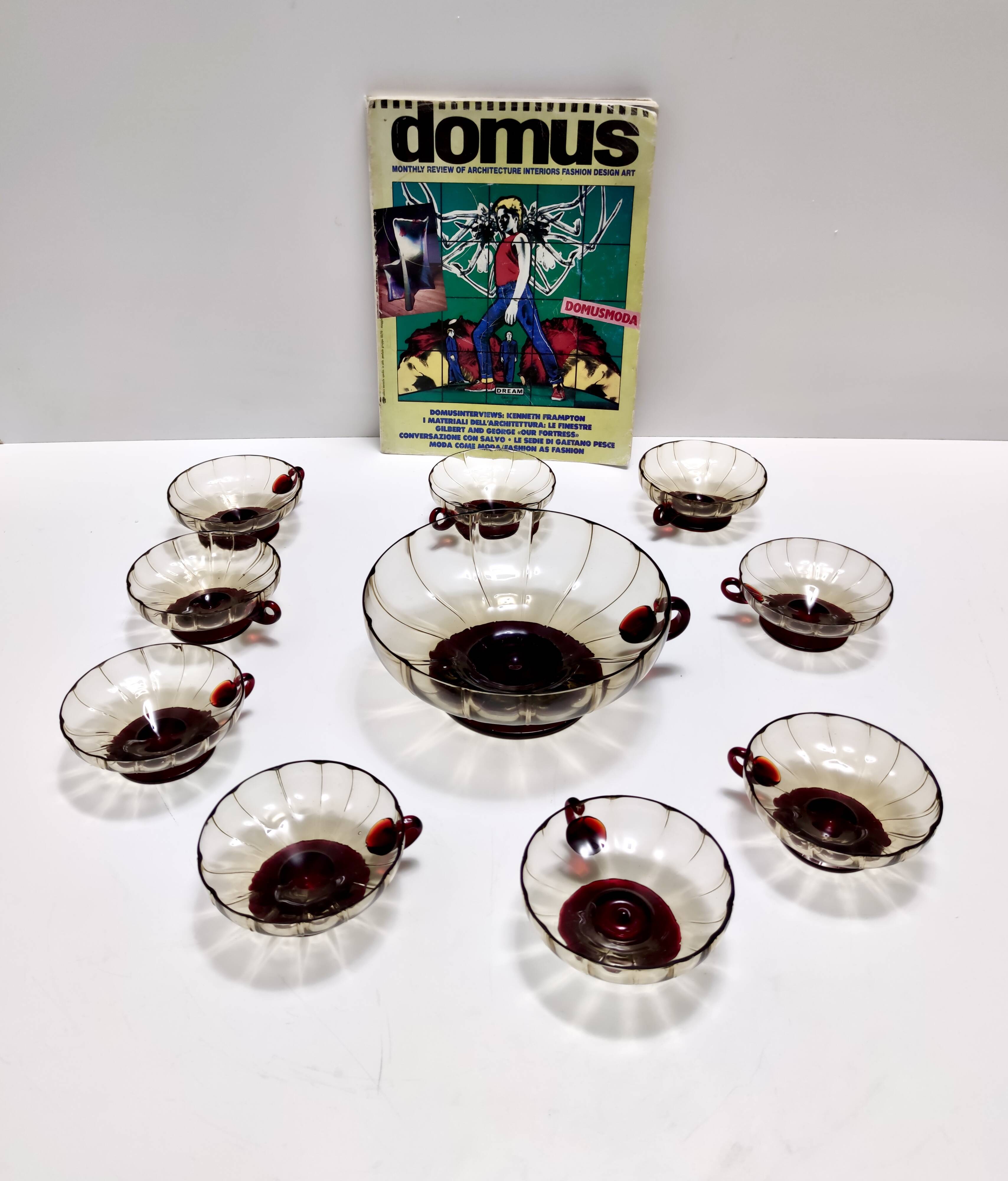 Set of Ten Smoked and Crimson Murano Glass Dessert Bowls in the style of Ze