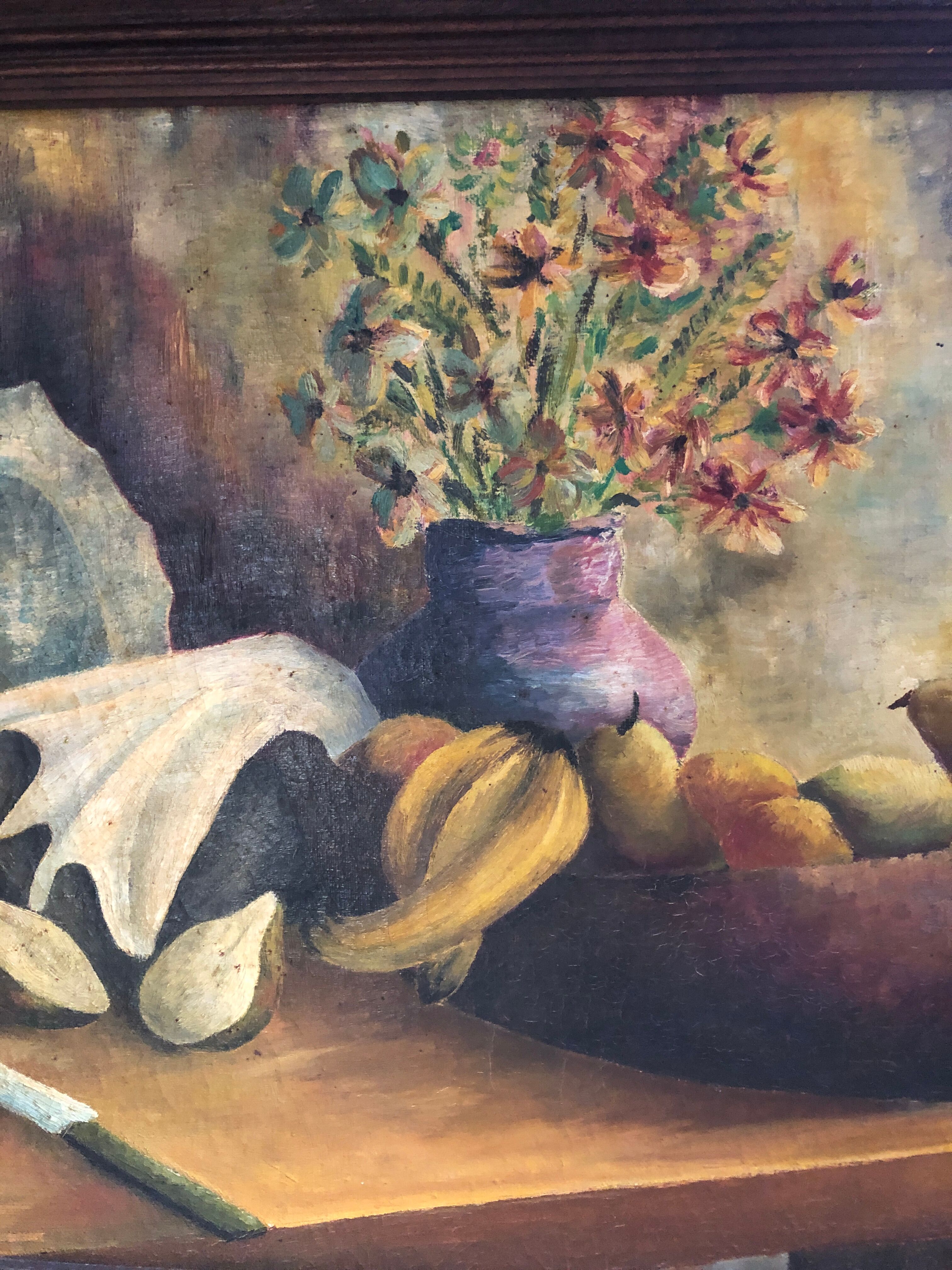 Painting old oil on canvas m. preaux still life + vintage wood frame