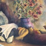 Tableau ancien huile sur toile M. Preaux nature morte + cadre bois vintage