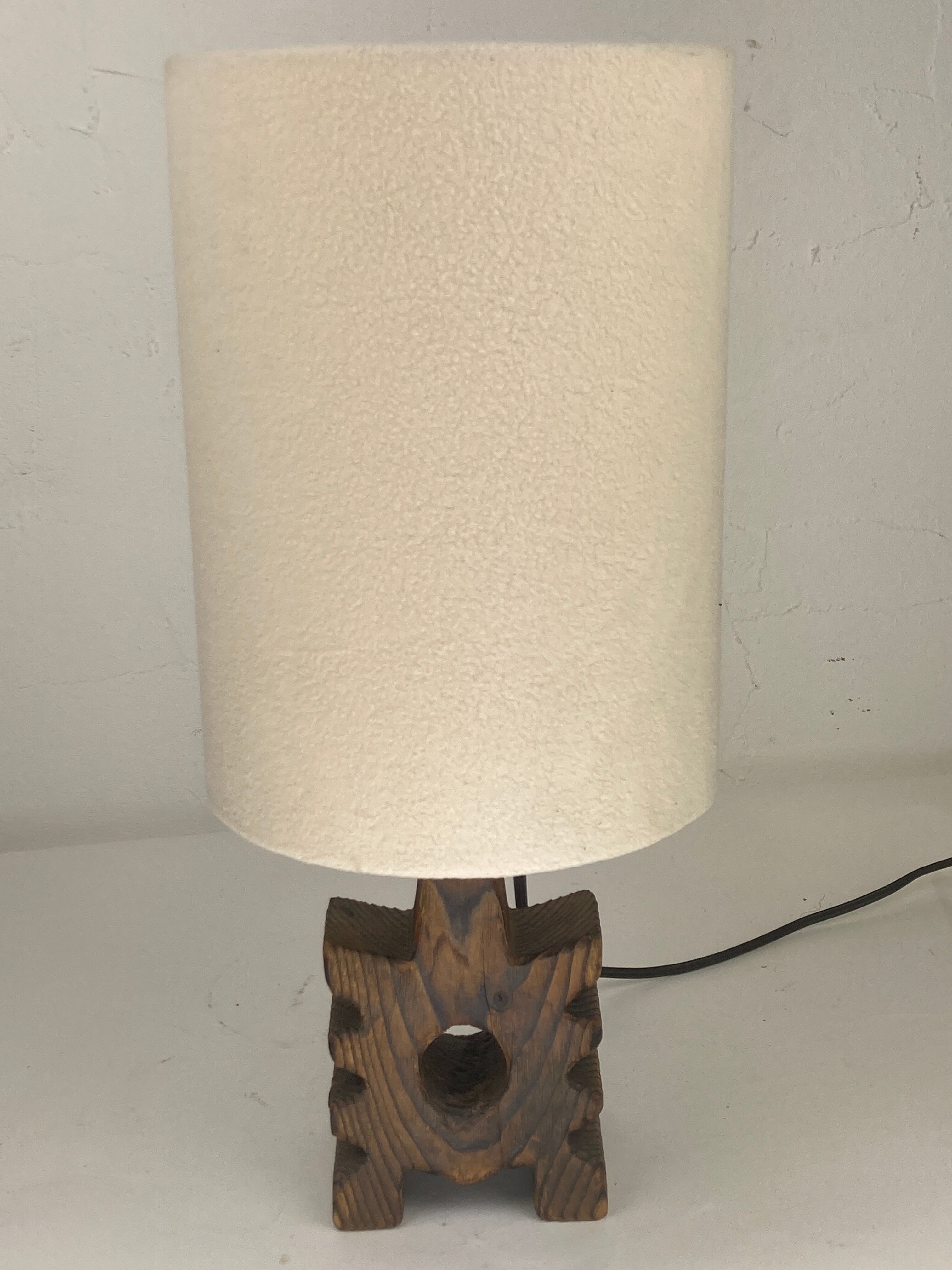 Brutalist wooden table lamp with teddy boucle shade. Dutch, 1970s