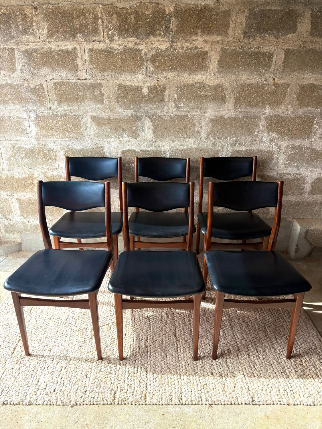 Scandinavian teak chairs, black faux leather (x6)