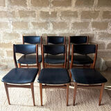 Scandinavian teak chairs, black faux leather (x6)