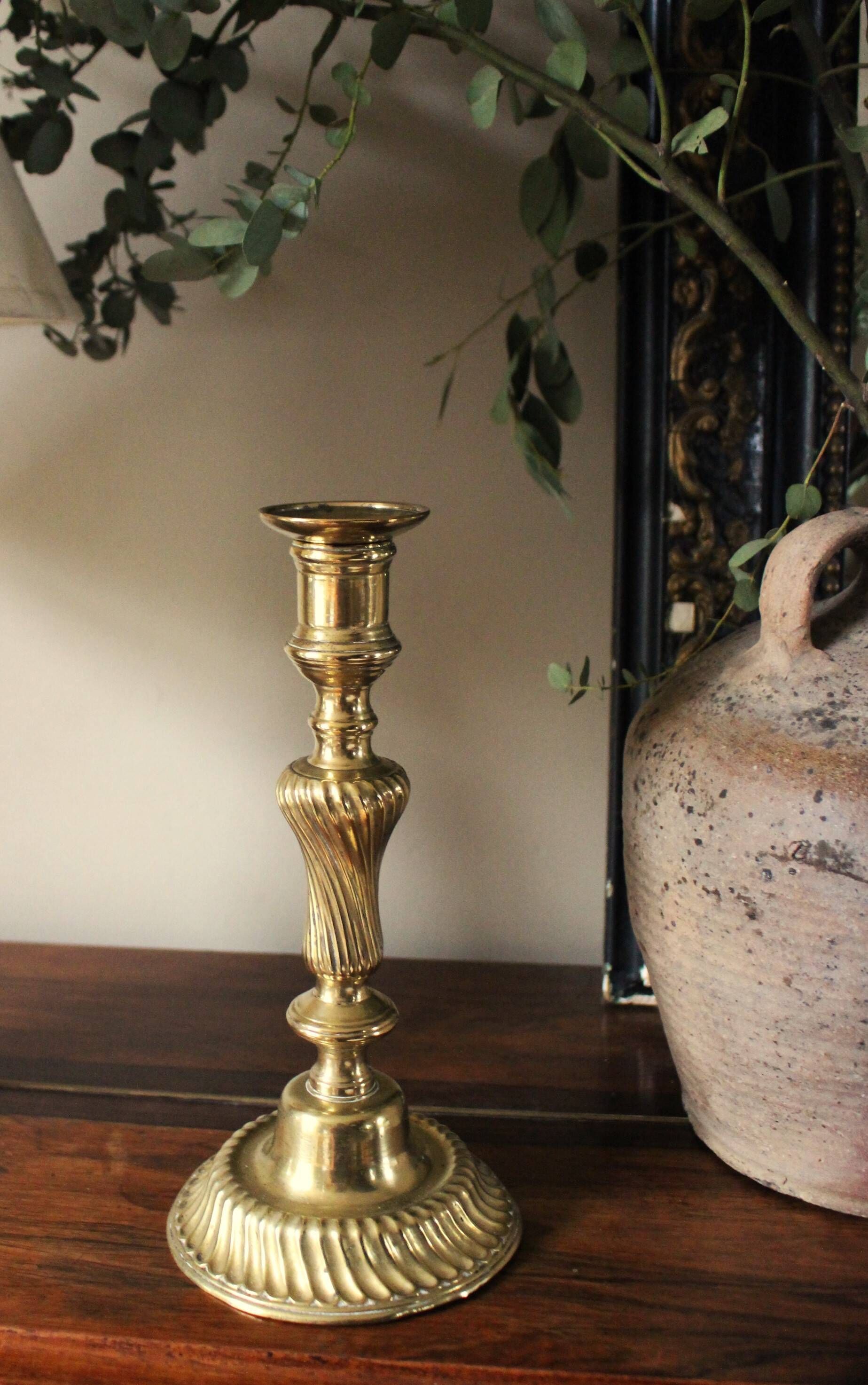Large twisted brass torch candle holder