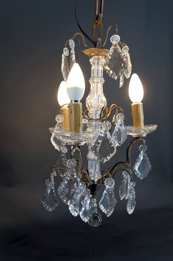 Lustre cage, bronze/cristal de Baccarat, 3 feux, Style Louis XV, Fr, 1900