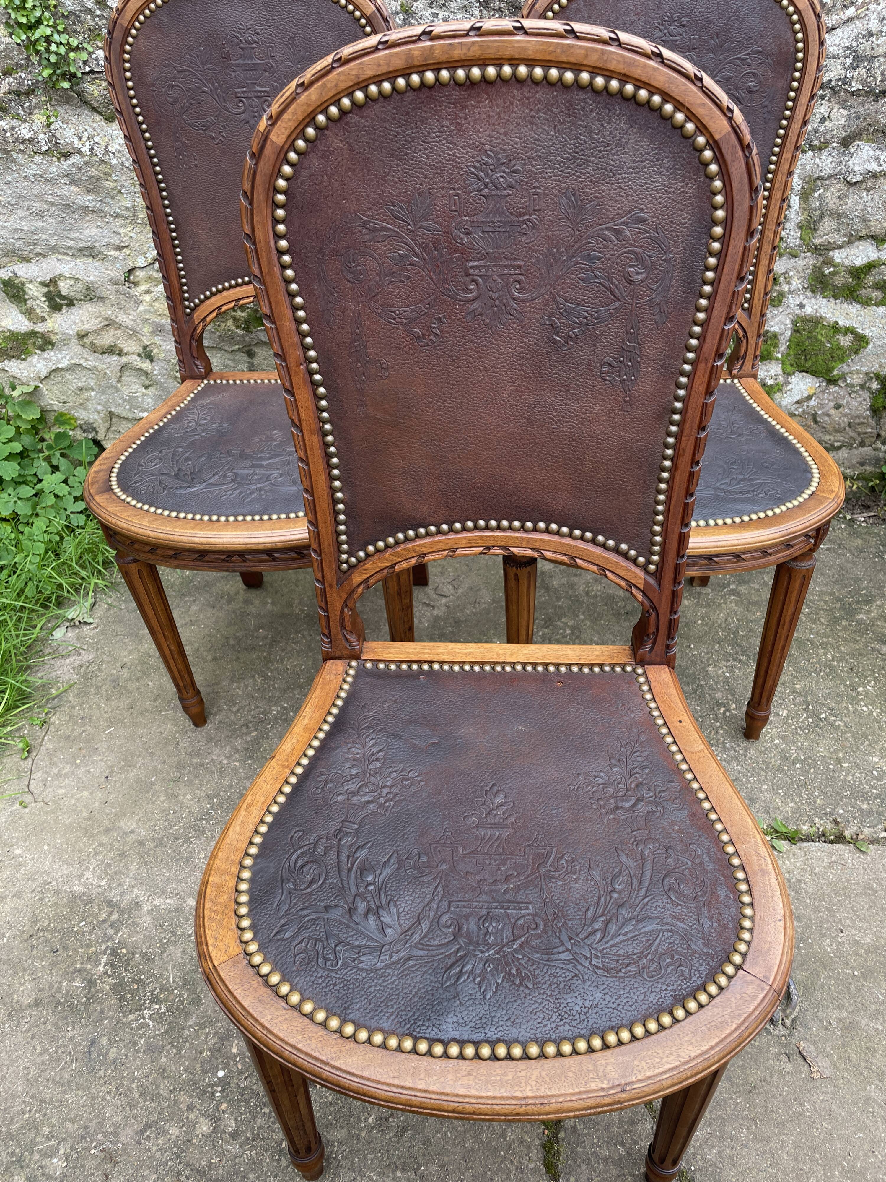 6 Louis XVI style chairs in solid beech and Cordovan leather, 1900