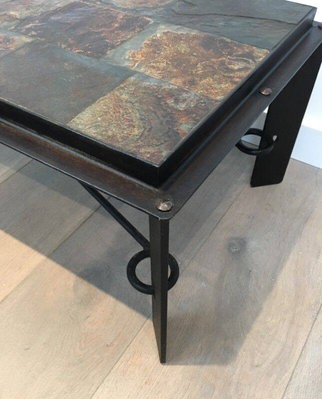 Rare coffee table in steel and wrought iron with a top made of lava stones