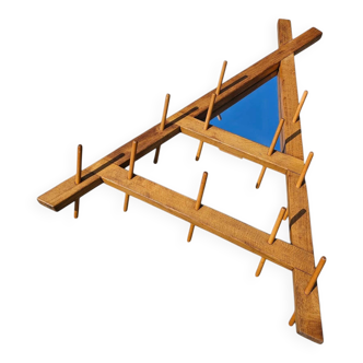 Wooden wall coat rack, triangular shape, triangle mirror at the top, 1960s