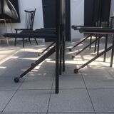 Set of 6 dining room chairs with tripod legs in grained leather and metal 1970