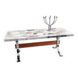 Table basse vintage en marbre et chrome 1970