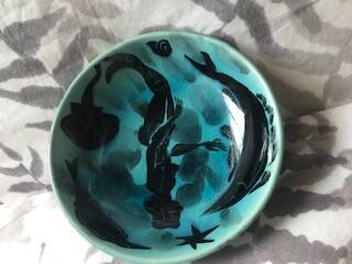 Pretty blue enamel bowl, signed "Courtade 81"