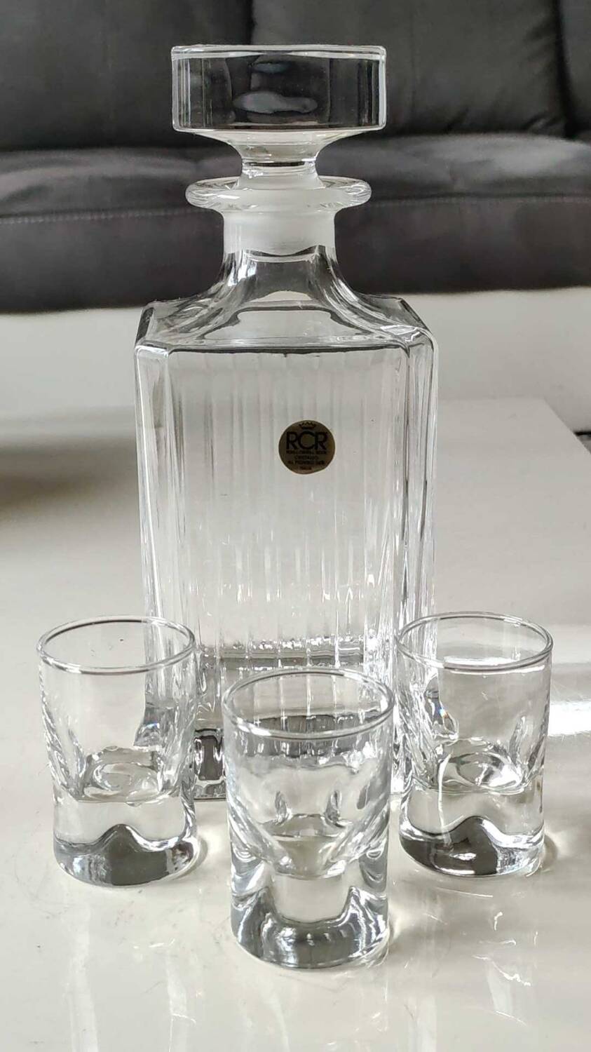 RCR/Royal Crystal Rock Square Whisky/Liqueur Decanter, Italy. Crystal. Diamond-striped/pointed patterns. Capacity 75 cl