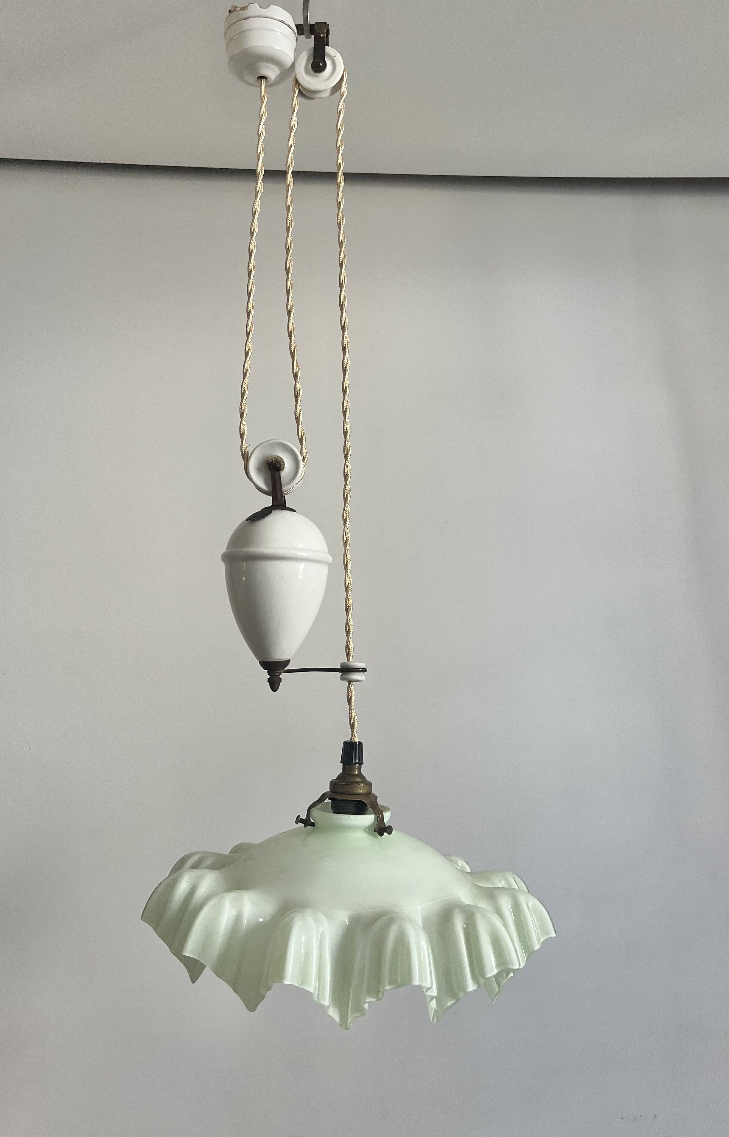 Art Deco Opaline Glass Pendant Light Mint Green Up and Down