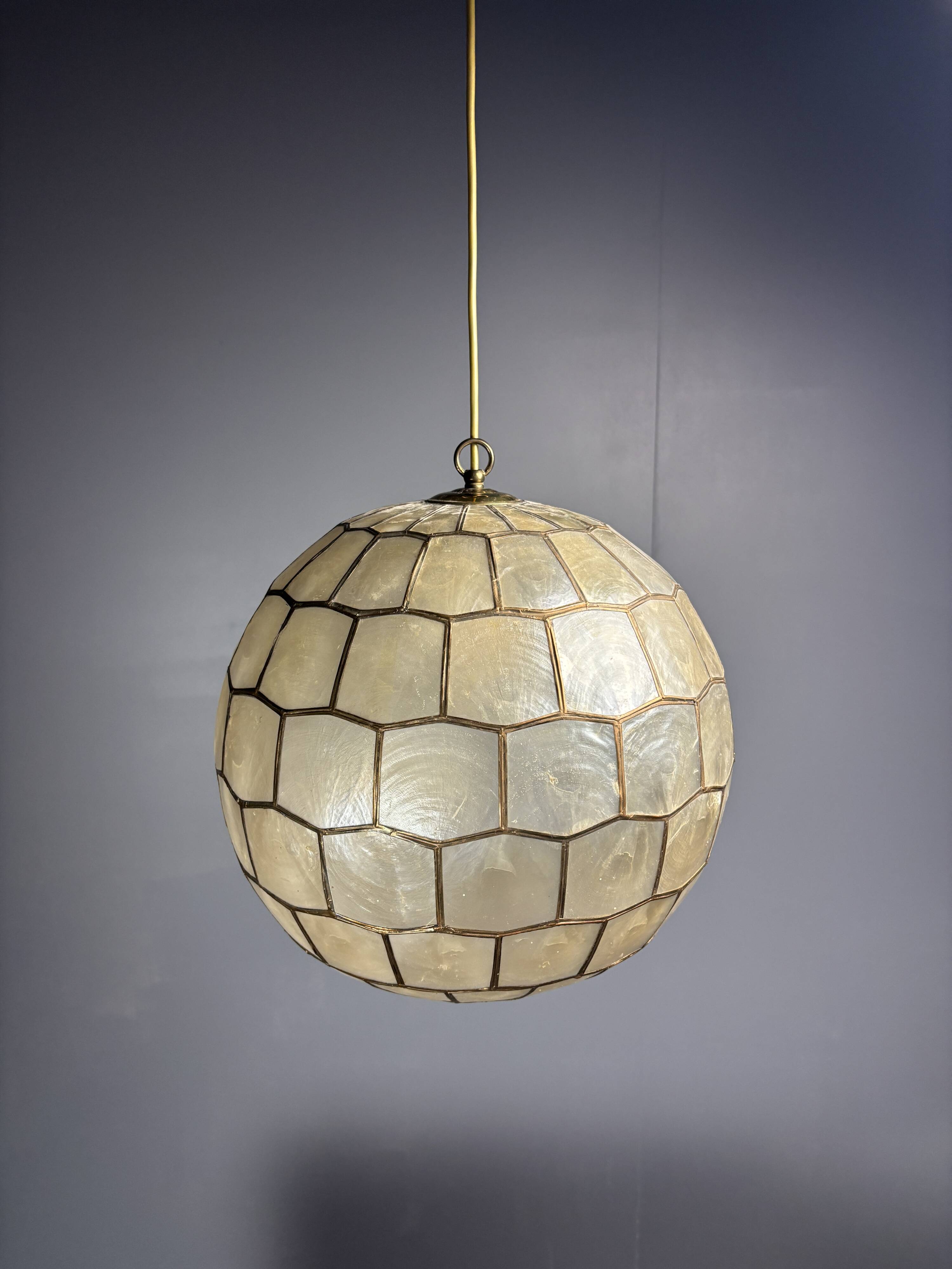 Midcentury mother of pearl Capiz shell & brass sphere large pendant, 1960s