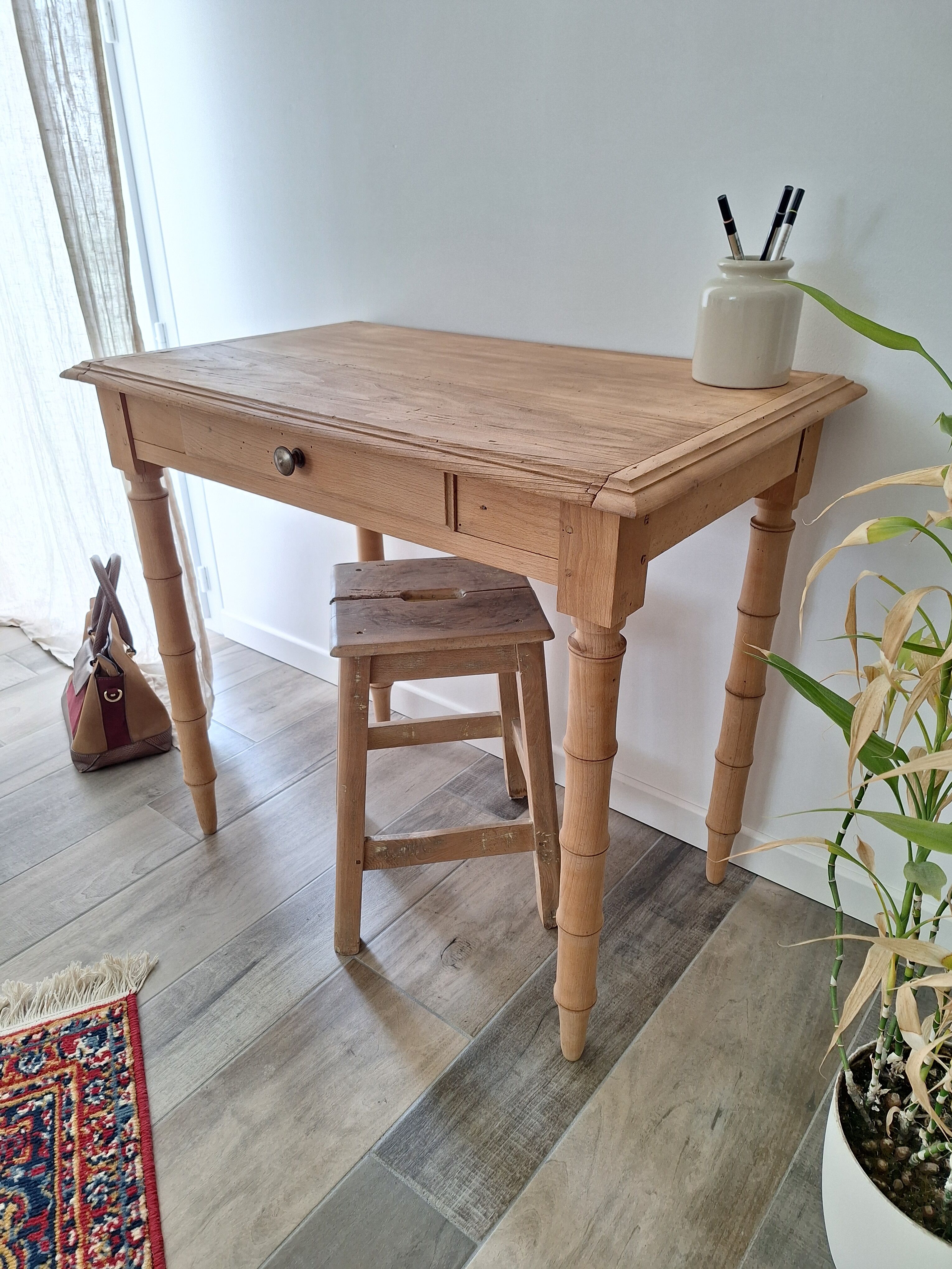 Old beech wood bureau/console/side table with bamboo legs.