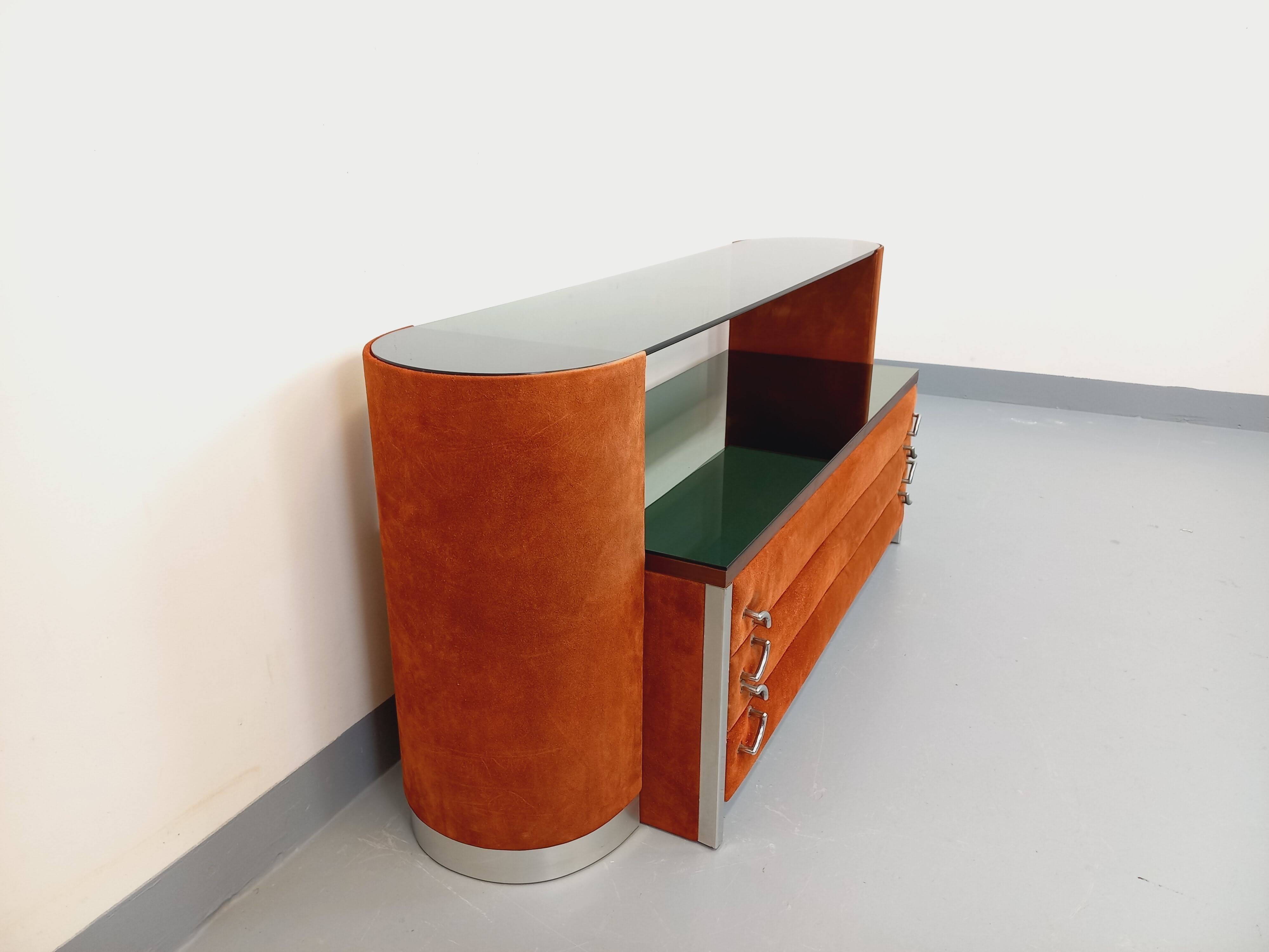 Vintage Italian hairdresser design in suede velvet, chrome, smoked glass and