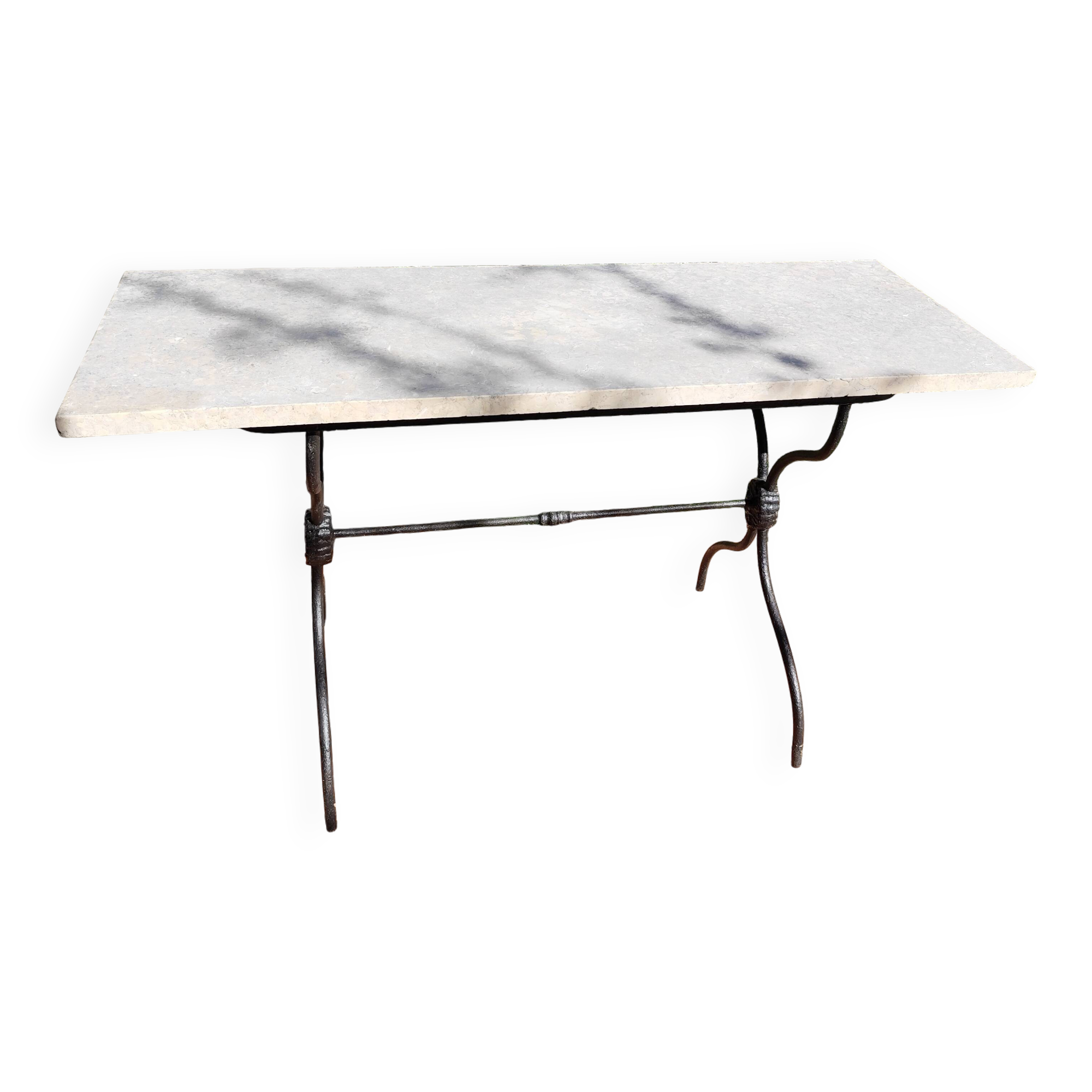 Table bistrot rectangulaire piètement x en fonte et plateau en marbre vintage