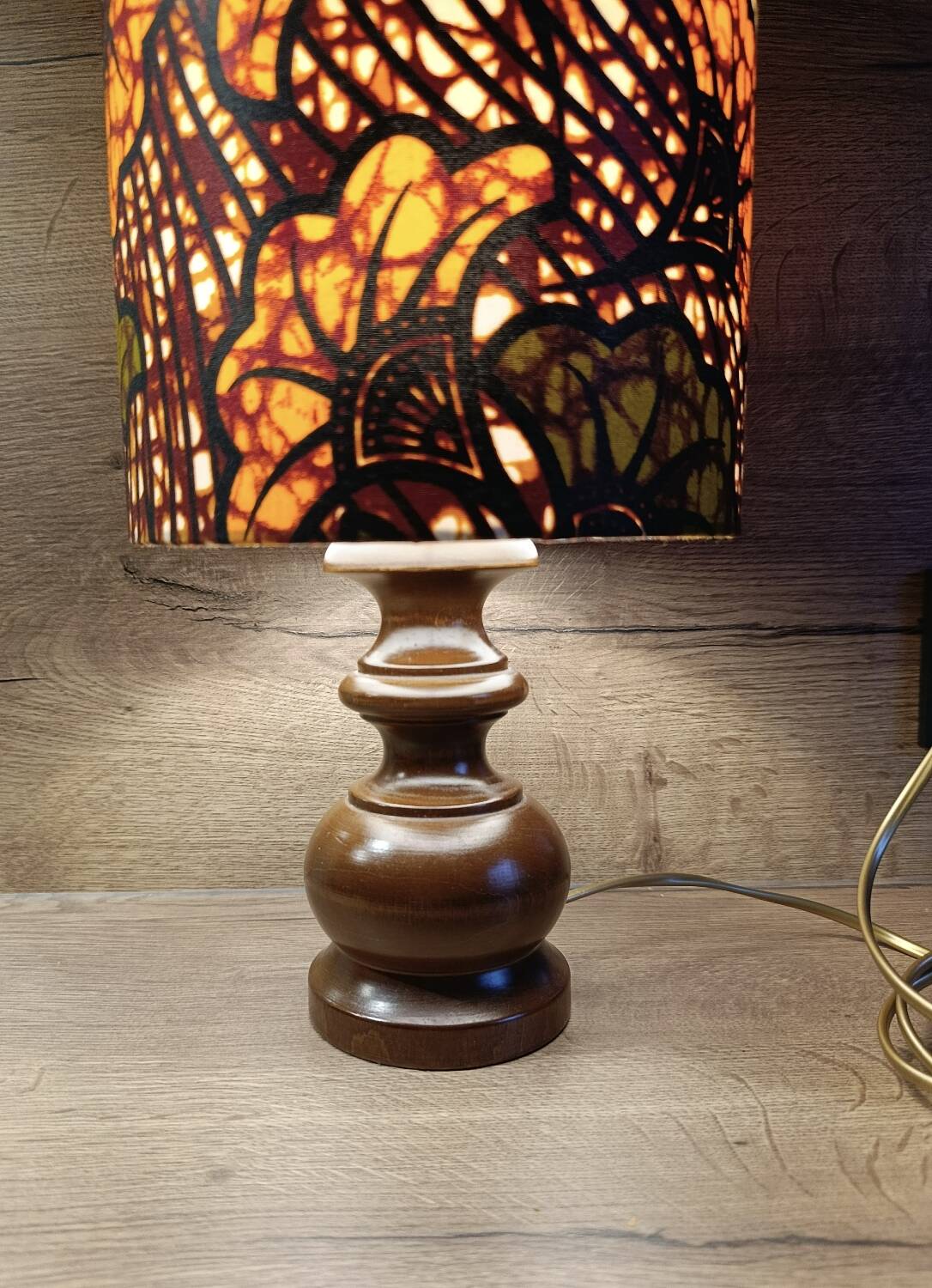 rustic chic turned wooden lamp, ethnic African wax lampshade