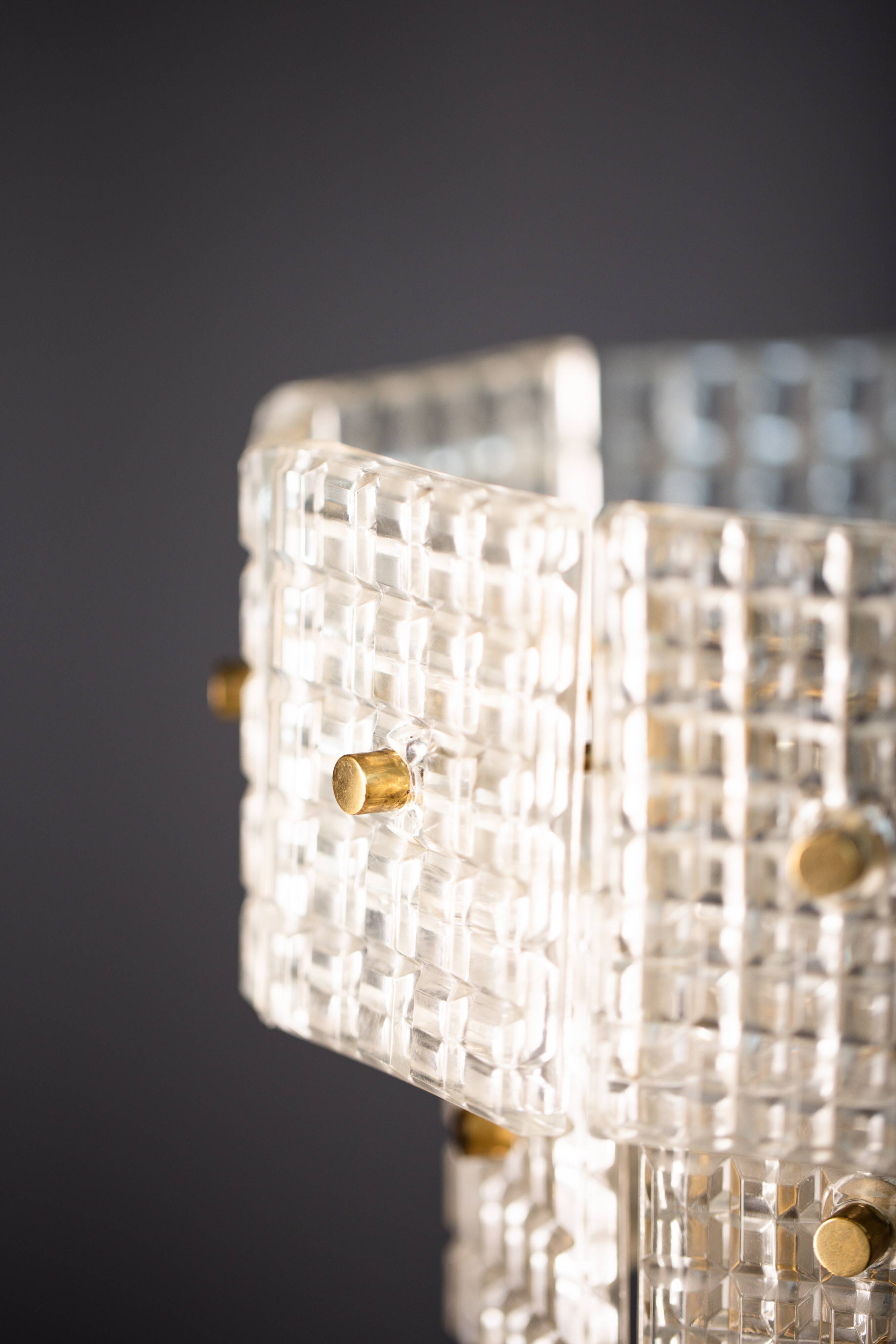 Vintage Embossed Glass Chandelier: 1970s Brass Pendant Lamp