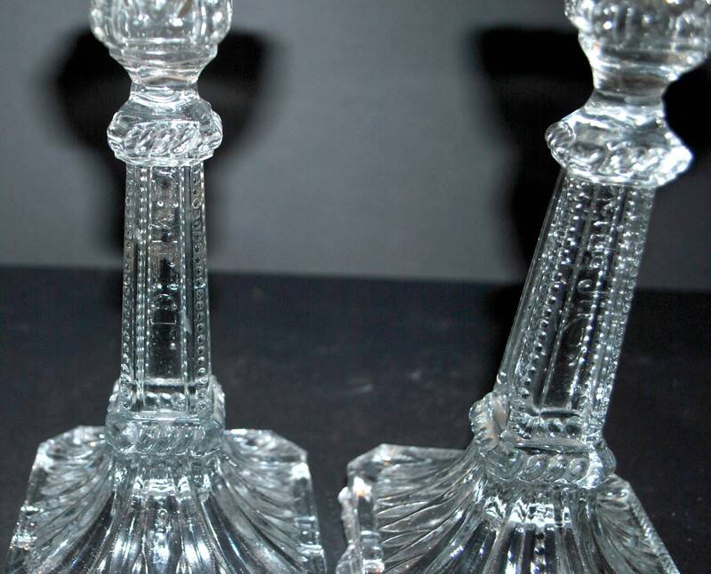 Set of 2 Egyptian-decorated candlesticks, Vallerysthal glassware, 1900