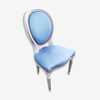 Chaise Médaillon velours bleu patine blanche Louis XVI