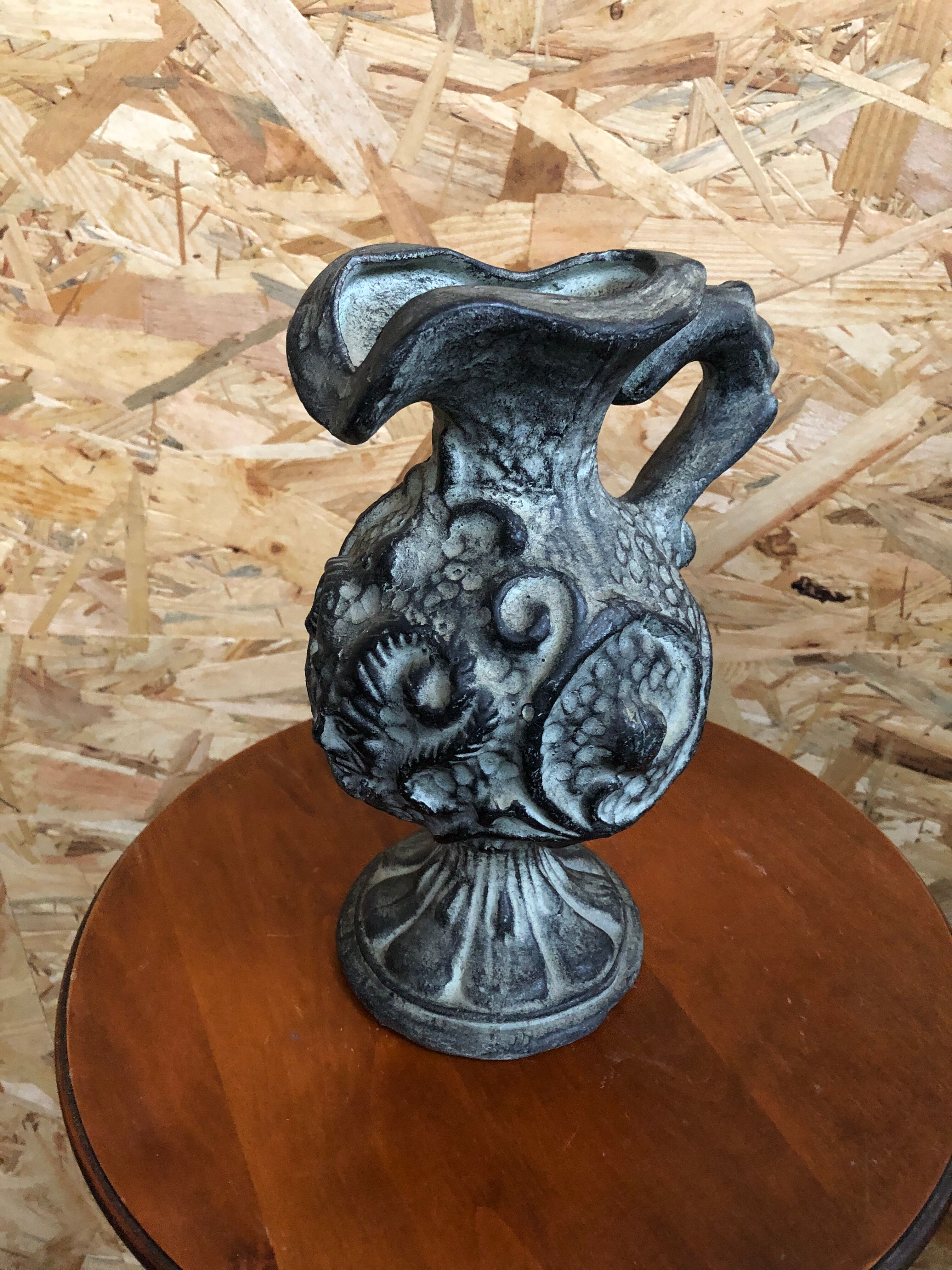 Old pitcher ewer gray ceramic signed vintage tableware