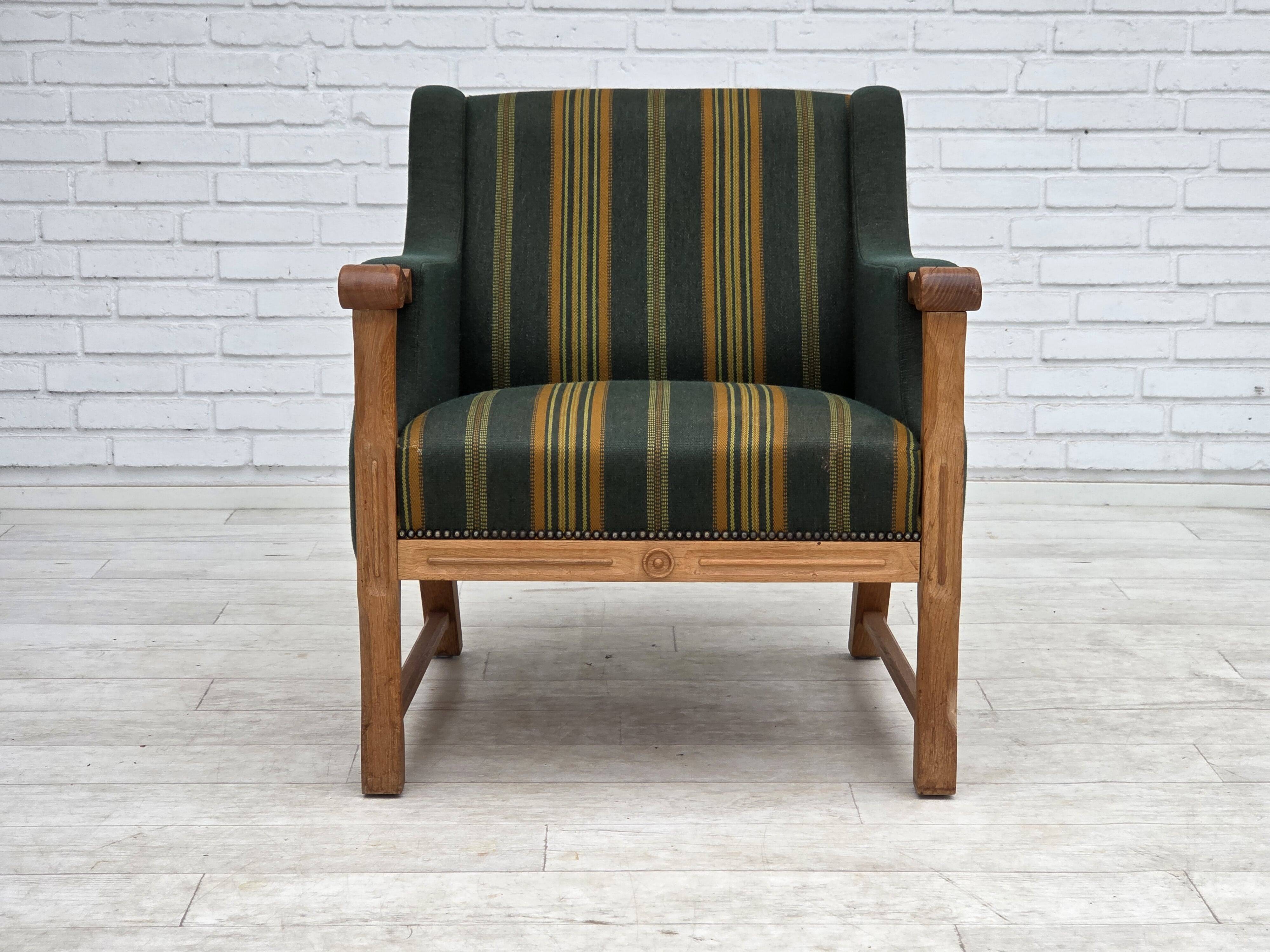 1970s, Danish armchair, green furniture wool, solid oak wood.