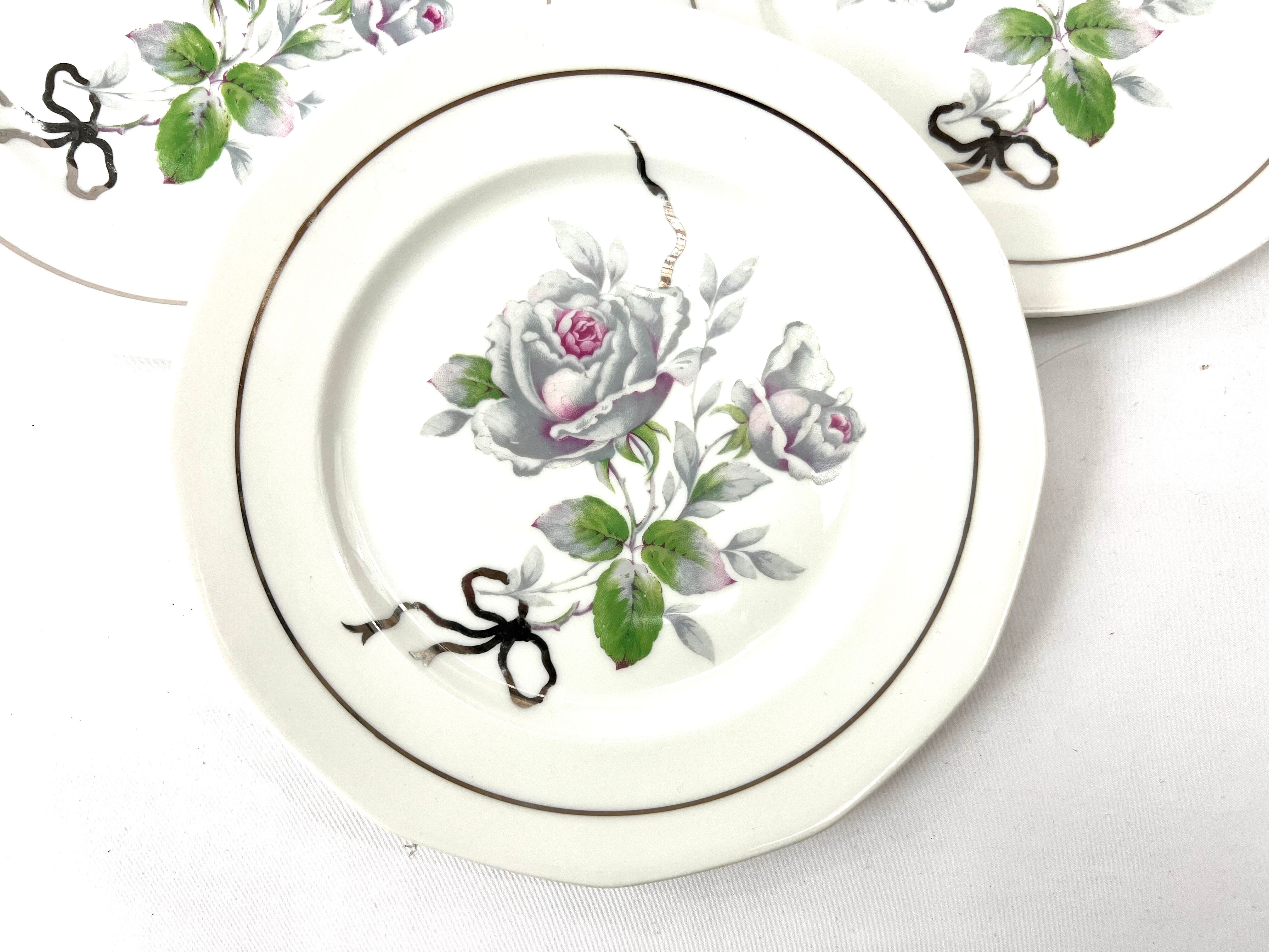 6 plates dessert pink flower shabby limoges porcelain