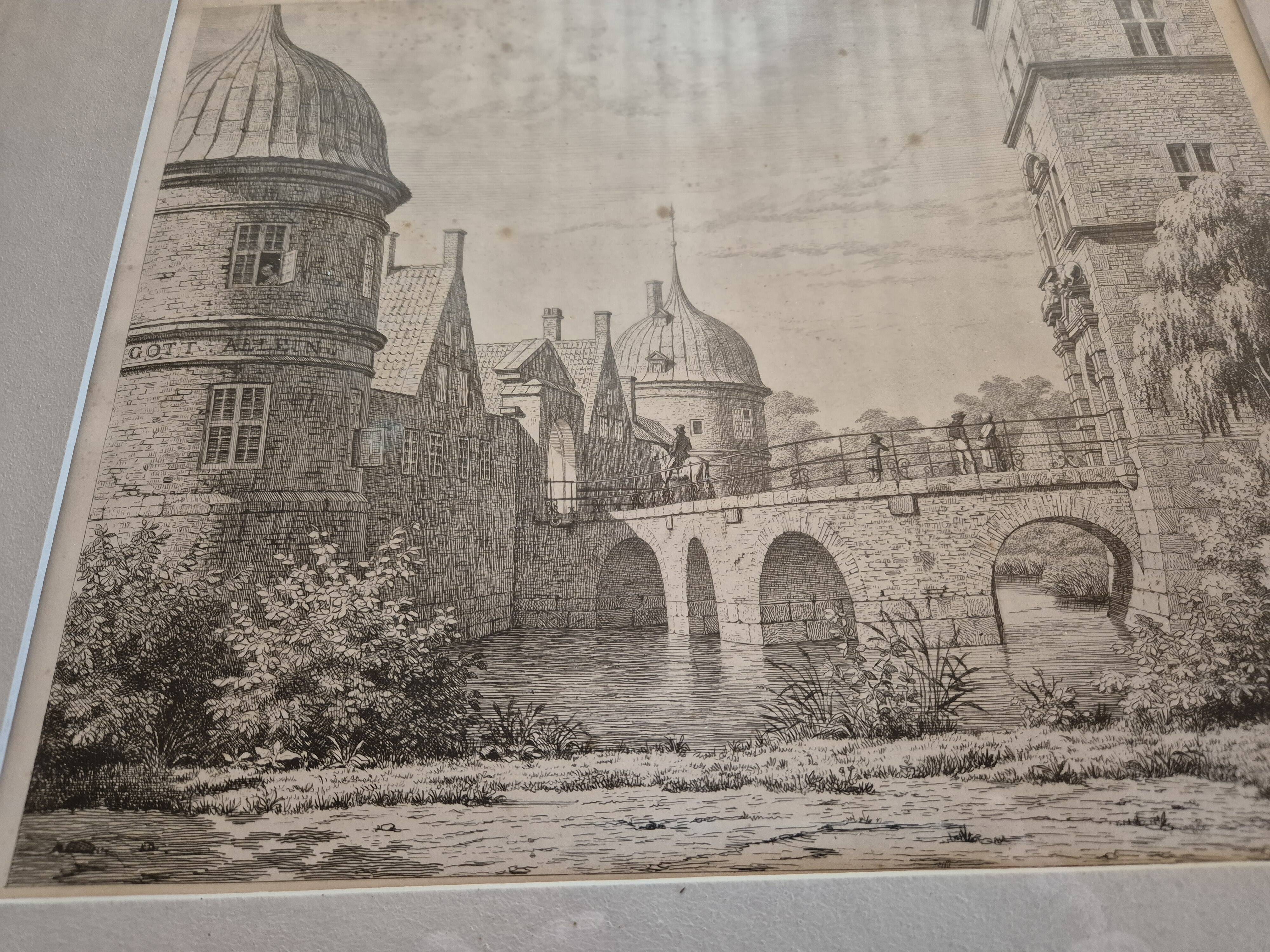 Etching The bridge of Frederiksborg Castle – The bridge at Frederiksborg Castle