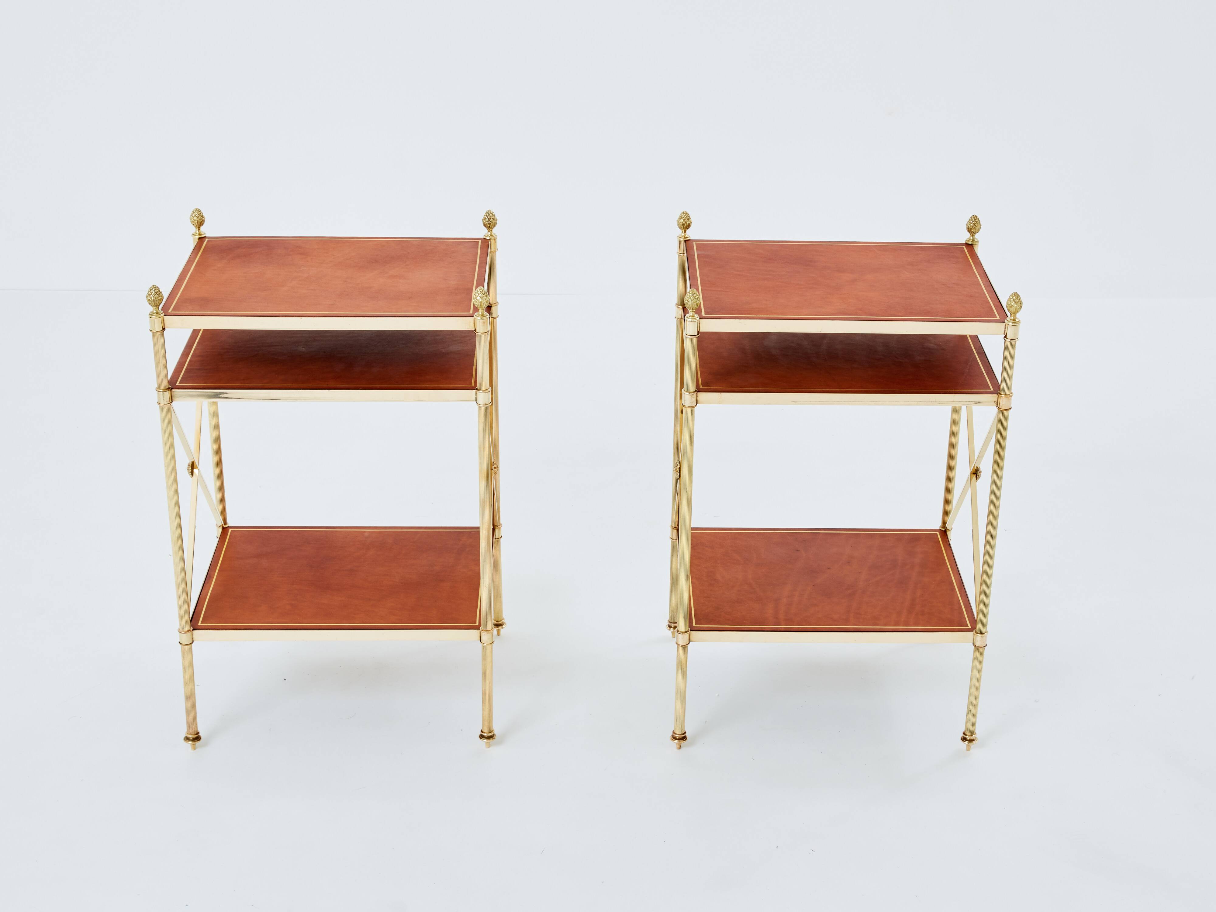 Pair of neoclassical brass leather side tables style Maison Jansen 1970