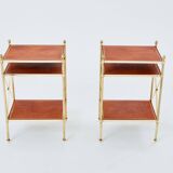 Pair of neoclassical brass leather side tables style Maison Jansen 1970