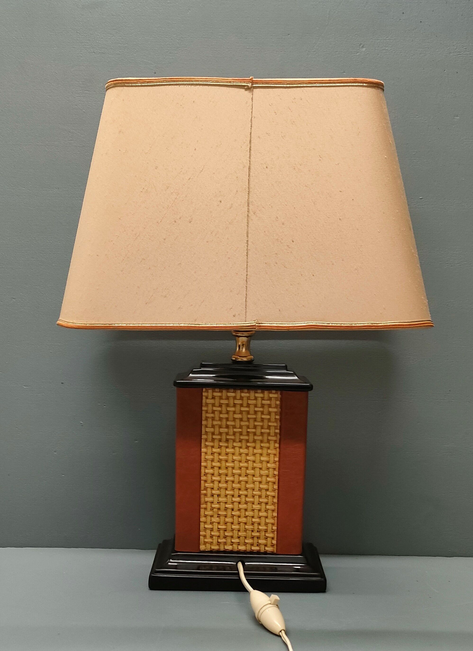 Lamp Le Dauphin black ceramic glazed, wicker canelé, imitation leather havana ~ 70's