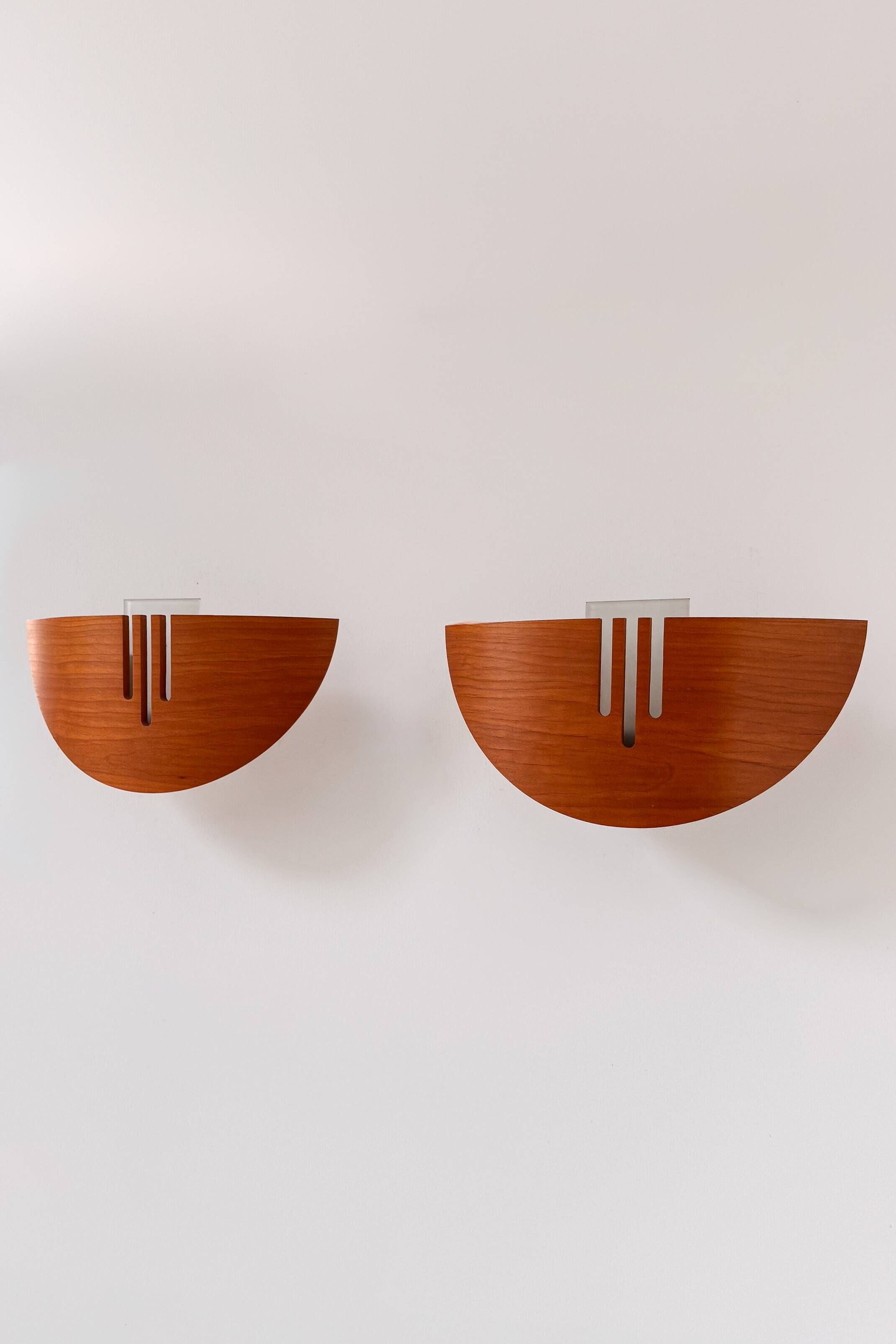 Pair of vintage wall lights in wood and glass, France 1970.