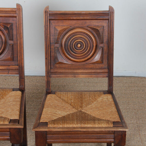 Pair of rush-seated solid wood chairs, French work, 1940.