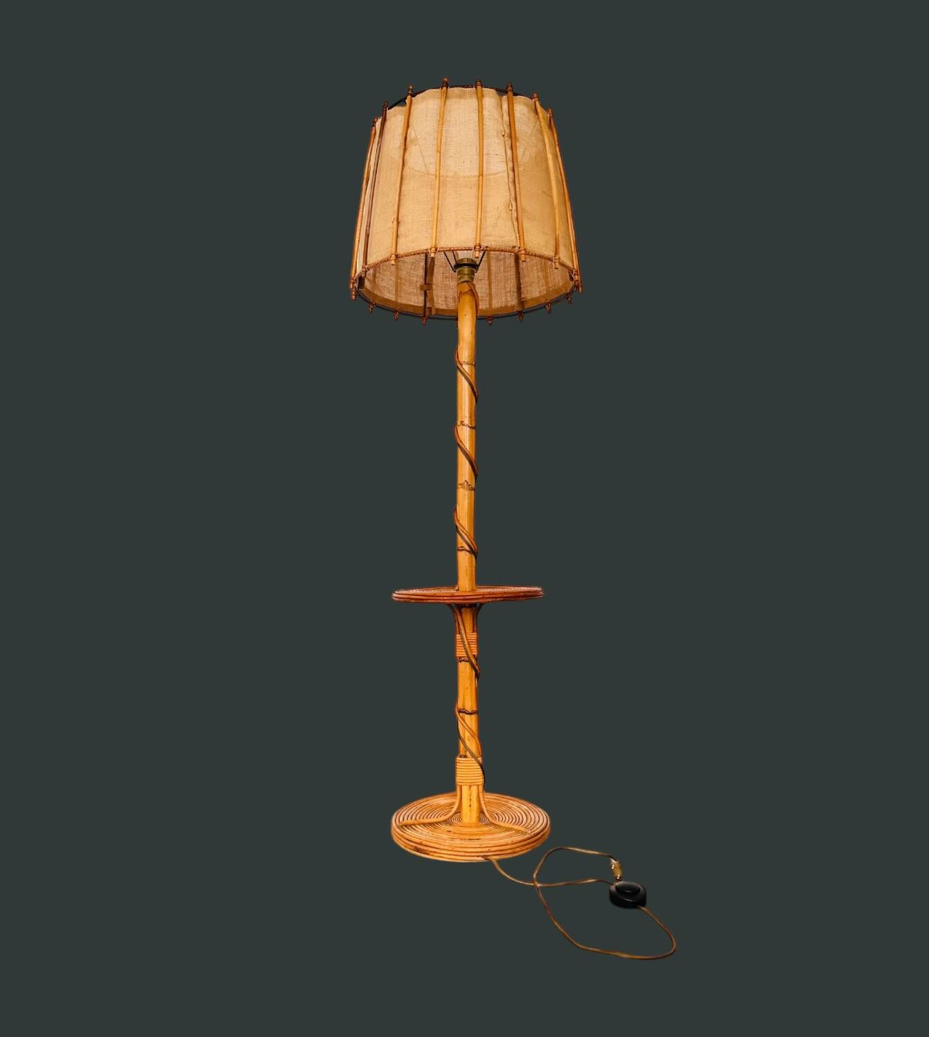 Louis Sognot vintage bamboo rattan floor lamp