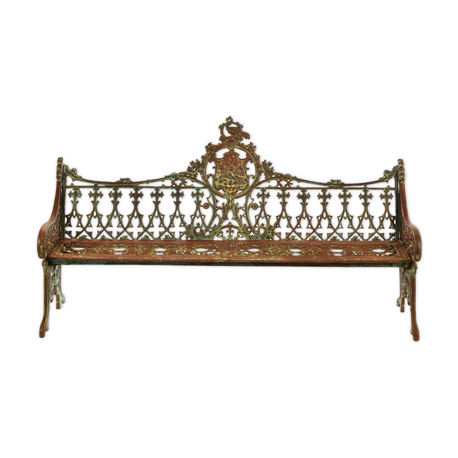 Sculpted cast iron bench with green patina