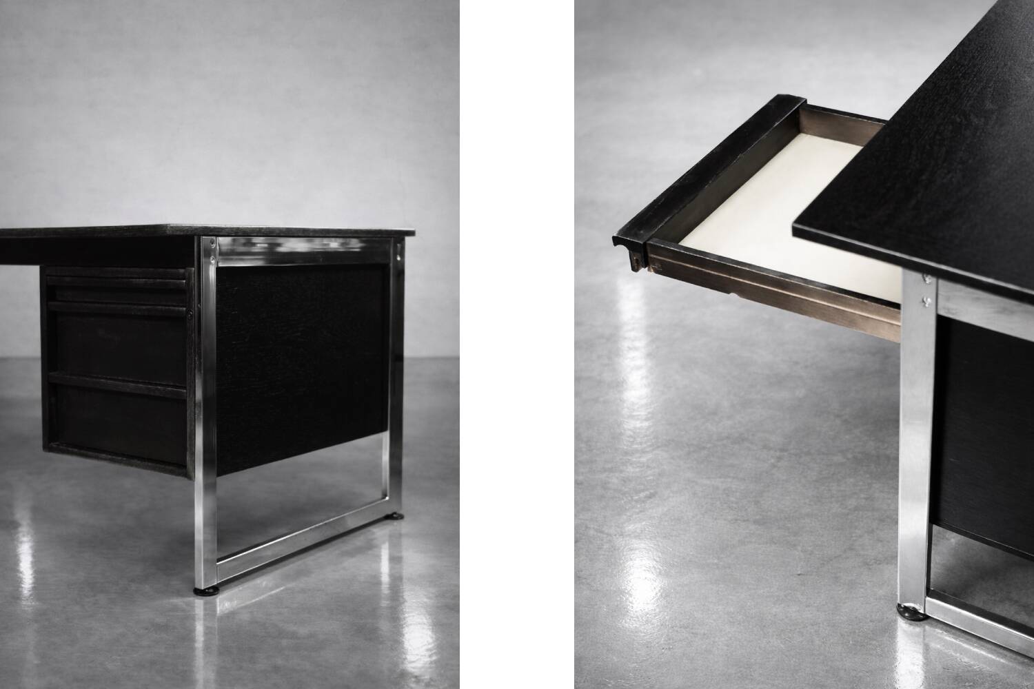 Vintage Mid-Century Danish Modern Minimalist Black Oak Desk with Chrome Base
