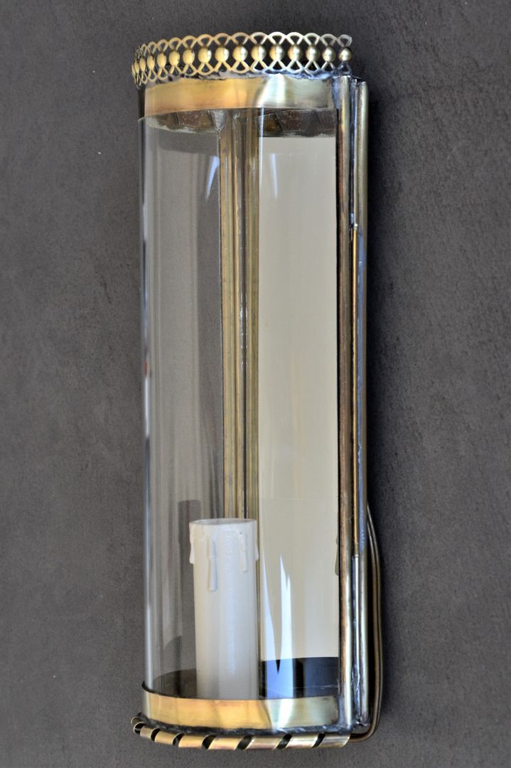 vintage mirror wall lamp, domed glass and golden brass