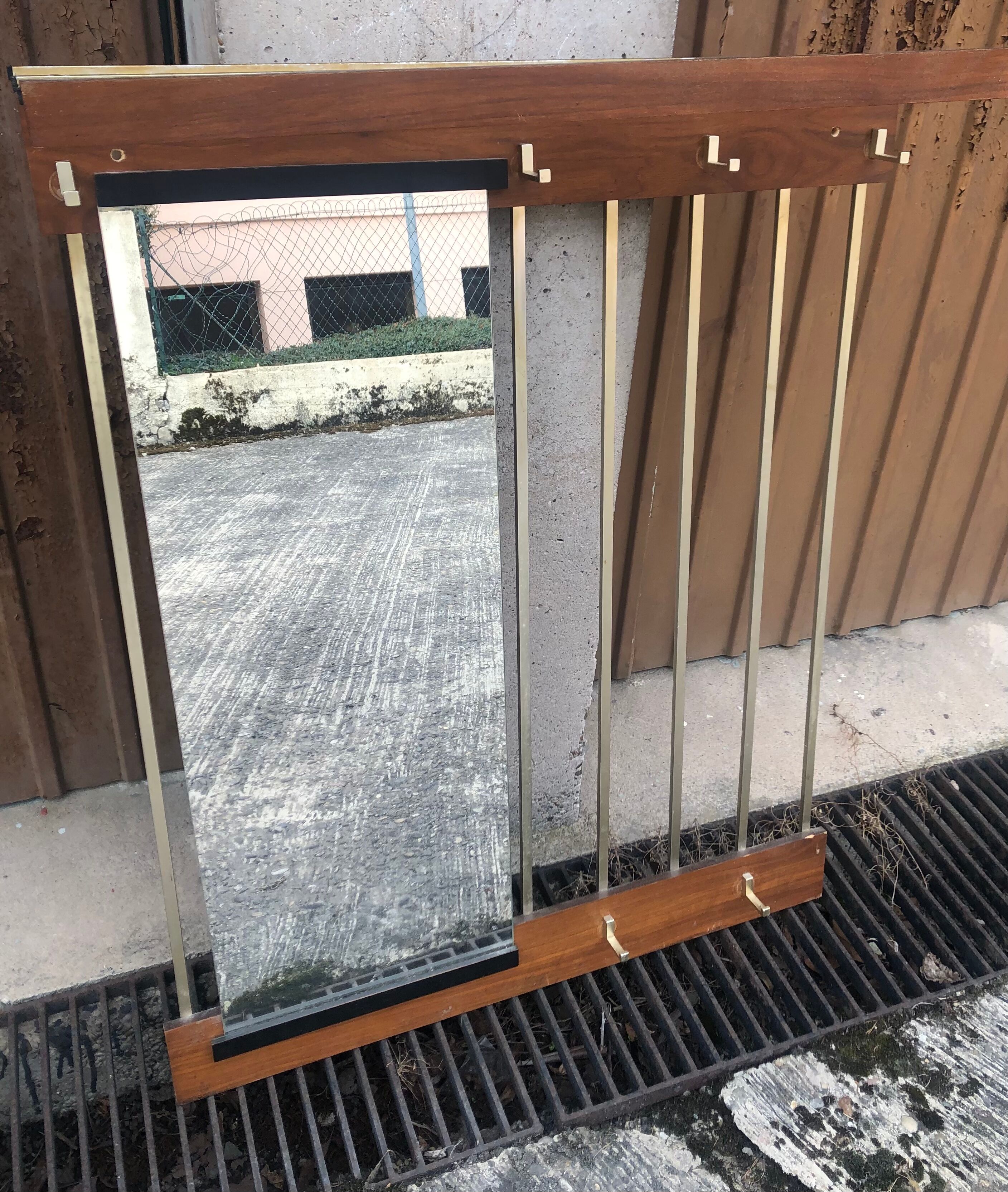 Hanging wall coat rack with vintage mirror 60s