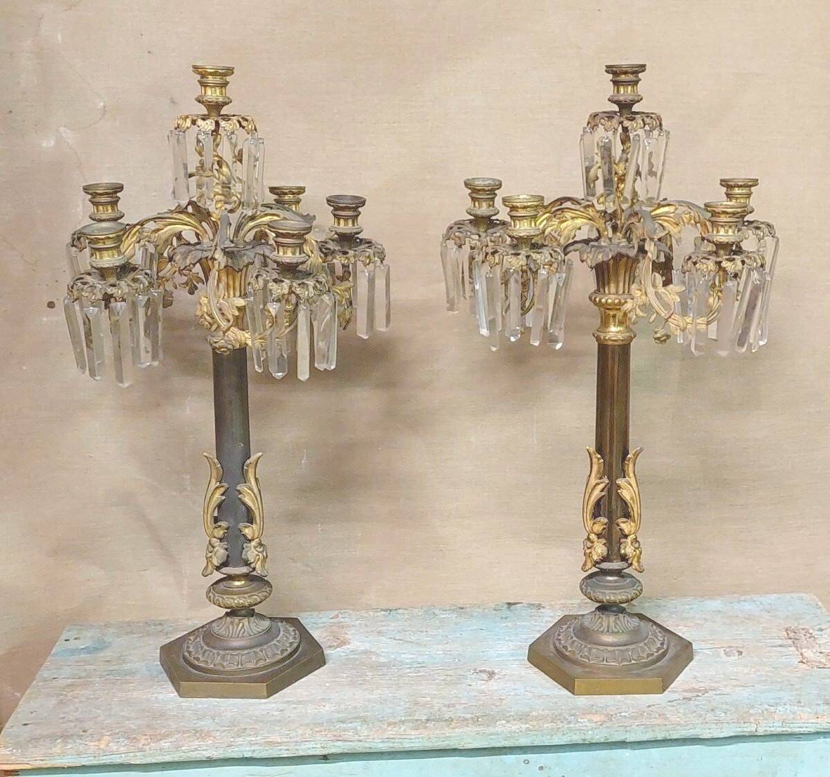 Pair of Important Large Candle Holders with Six Lights in Bronze h.73 cm