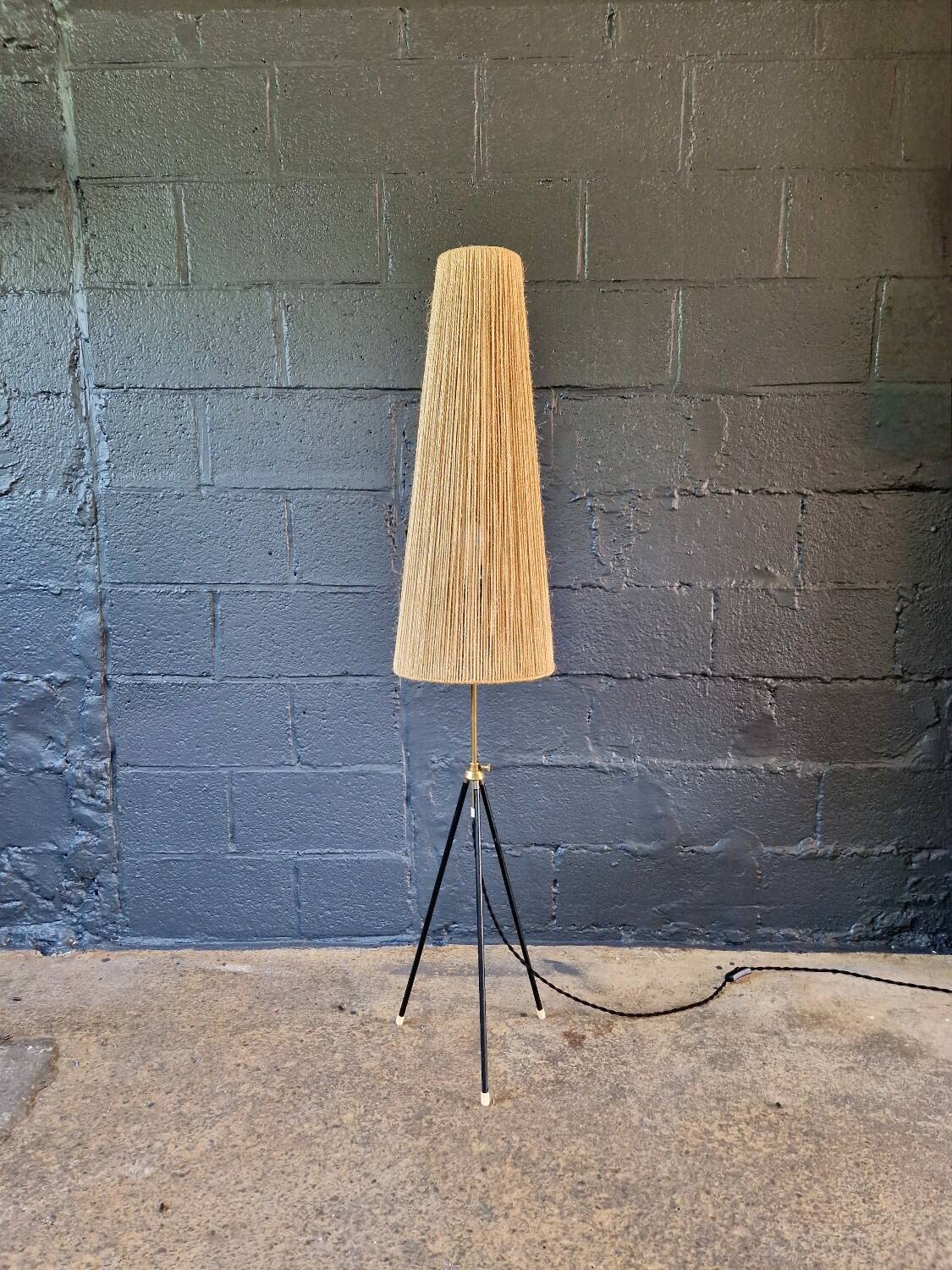 Mid-century tripod floor lamp, cord shade, 1950s-60s.