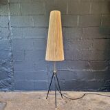 Lampadaire tripode Mid-century, abat-jour en corde, années 1950-60