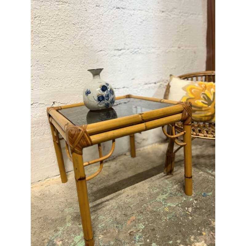 Rattan and glass side table