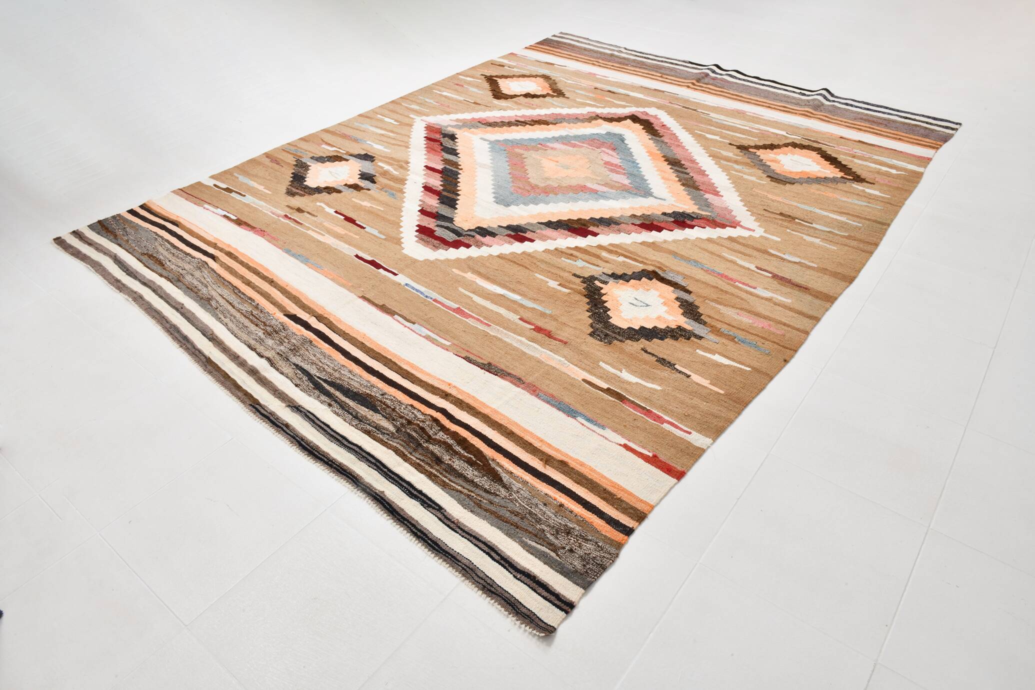 8x11 Brown & Cream Geometric Kilim Rug, 260x341Cm